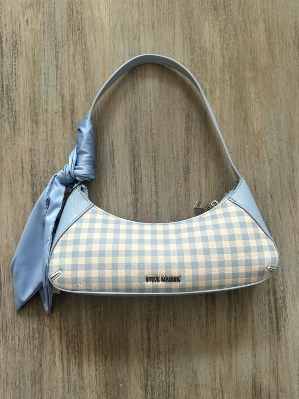 Steve Madden Blue and White Gingham Shoulder Bag with Scarf Accent